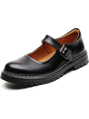 Women's Matte Black Platform Buckle Strap Oxfords Vintage Plain Round Toe Shoes